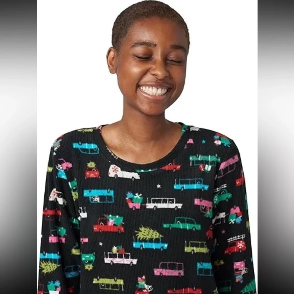 HUE Waffle Fleece Pajama Set XL Black Print 2-Piece Long Sleeve NWOT - Picture 4 of 7